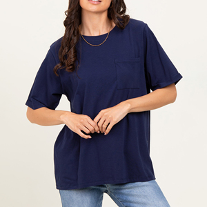 Camiseta de Mujer con Cuello Redondo, Manga Corta, Color Azul Marino, 100% Algodón, Transpirable, ODM, con Bolsillo Delantero, Bordado Personalizado, Camiseta Estampada para Mujer - Product Image 4