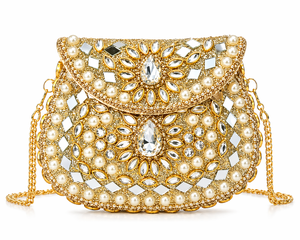 Gold Fashion Chains Mosaic Embellished <b>Clutch</b> Bag Pearl Mirror Work Bridal Evening Handbag Designer <b>Wedding</b> Party Purse - Product Image 1
