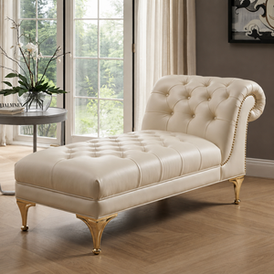 Luxury Modern Tufted Genuine Leather Chaise Lounge Chair with Turned Legs for Living Room Home Furniture - Product Image 1