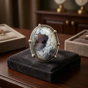 Bague Cocktail en Agate Dendrite Scénique, Argent 925, Style Bohème, Bijou Tendance, Cadeau Unisexe, Usage Quotidien - Product Image 2