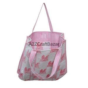 Handmade Cotton Quilted Large <b>Long</b> Handle Shoulder Tote <b>Bag</b> Women Eco Friendly Indian Bohemian Beach Tote Groceries Carry Floral - Product Image 2