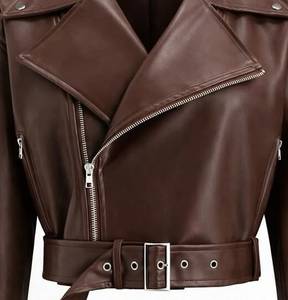 <b>Women's</b> Brown Leather Fashion Jacket <b>Belted</b> Biker <b>Coat</b> Zipper Closure Long Sleeve Regular Fit Streetwear - Product Image 5