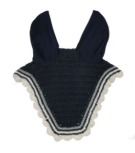 Voile anti-mouches noir en crochet pour cheval, avec couvre-oreilles bleu marine, bordure argentée, rembourrage doux, confortable, de haute qualité, fait main, bonnet d'équitation - Product Image 1