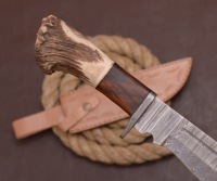 Couteau de chasse Bowie en acier Damas fait main, manche en bois et corne, style Viking, qualité industrielle, lame droite, pointe clip, 3 mm, 14 pouces