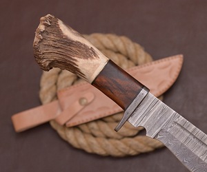 Couteau de chasse Bowie en acier Damas fait main, manche en bois et corne, style Viking, qualité industrielle, lame droite, 14 pouces, fixe, OBM, pour l'extérieur - Product Image 3