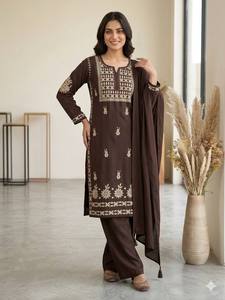 ชุดสูทซัลวาร์กะมีซปักลายสีน้ำตาลสไตล์ปากีสถานสำหรับผู้หญิง ผ้าฝ้าย ชุดงานเลี้ยงแบบดั้งเดิม ขายส่ง - Product Image 1