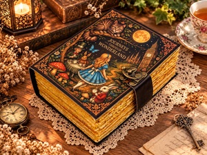 Grand Grimoire en Cuir Fait Main par Herb Heritage |   Carnet d'aventures fantastiques 200 pages |   Alice au pays des merveilles, sorcière céleste - Product Image 5