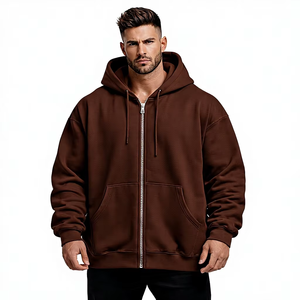 Sudadera con Capucha Unisex de Alta Calidad, Color Marrón Liso, Cierre Completo, Forro Polar Grueso de 300g, Cálida, Talla Grande, 100% Algodón, para Invierno - Product Image 1