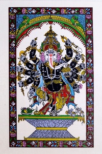 Arte Tradicional de Pattachitra en Madera del Dios Ganesha - Origen Orissa - Decoración Colgante para Interiores de Sala de Estar para la Ocasión de Diwali - Product Image 1