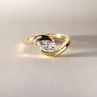 Bague de fiançailles et de mariage en or massif jaune, diamant de laboratoire taille marquise, sertissage demi-clos, solitaire, moderne et minimaliste