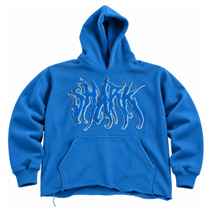 Sudadera con capucha unisex de forro polar azul grueso con pedrería, bordado gráfico gótico y borde sin rematar, al por mayor - Product Image 1