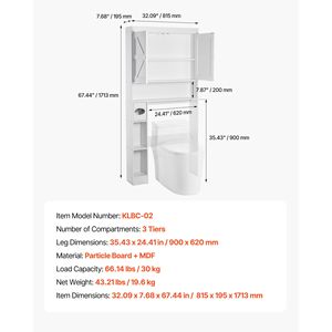 Mobiletto Salvaspazio da Bagno Sopra il WC, Altezza 171 cm, Organizer per Spa con Doppia Anta e Ripiano Regolabile - Product Image 5