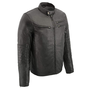 Men's <b>Winter</b> Black Cafe Racer <b>Leather</b> <b>Jacket</b> Premium Lambskin Waterproof Stand Zipper Front Rivet Detail Motorcycle Outerwear - Product Image 1