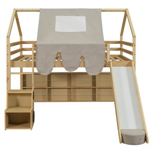 Letto a soppalco in legno a grandezza naturale con struttura a forma di casetta e tenda beige naturale per bambini - Product Image 5