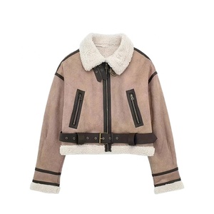 Wholesale Top Quality Shearling Bomber <b>Jacket</b> With Fur Trim Zipper Closure Short Winter Women's <b>Leather</b> <b>Jacket</b> - Product Image 1