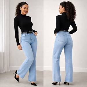 กางเกงยีนส์ทรงตรงเอวสูงสำหรับผู้หญิง ขายดี ทรงลำลอง ยืดหยุ่น ระบายอากาศได้ดี สไตล์วินเทจ ผลิตในบังกลาเทศ - Product Image 1