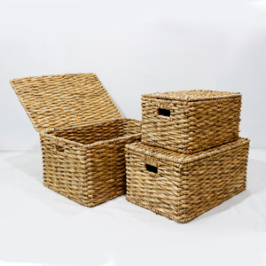 Eco Friendly Water Hyacinth <b>Foldable</b> Wicker Storage <b>Basket</b> Set with Lid and Handles - Product Image 4