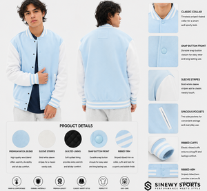 Chaqueta Varsity Azul Claro Ecológica para Hombre SINEWY SPORTS, Mezcla de Poliéster/Algodón, Cuello Alto con Botón, Bordada y Ribeteada - Product Image 1