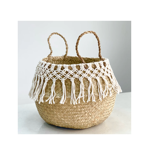 Cesta de Almacenamiento de Paja Hecha a Mano de Calidad Industrial, Cesta de Macramé de Hierba Marina con Asa, Cesta de Ratán para Decoración del Hogar - Product Image 3