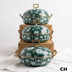 Ensemble de casseroles isothermes de luxe vert émeraude à motifs floraux en émail, chauffe-plats avec poignée en laiton doré pour la maison - Product Image 3