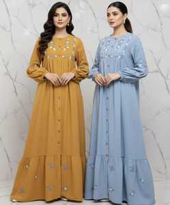 Colección Festiva Eid Stitch, conjunto de 2 piezas con bordado étnico de múltiples hilos, elegante vestido largo estilo occidental. - Product Image 3