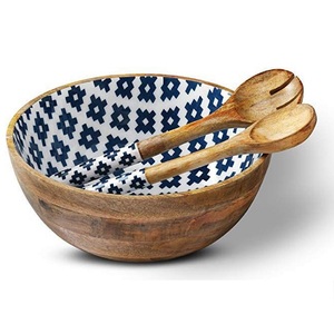 Sticker Enamel Printed Acacia Wood Salad Bowl with <b>Spoons</b> Wooden Bowls For Serving Mixing Salad <b>Soup</b> Handmade Fruit Bowl - Product Image 1