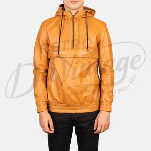 Chaqueta con Capucha de Cuero Genuino Color Camel para Hombre, con Cierre de Cremallera de un Cuarto, Bolsillo Frontal, Cintura Elástica, Estilo Casual Anorak - Product Image 1