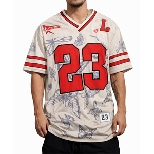 เสื้อเจอร์ซีย์อเมริกันฟุตบอลพิมพ์ลายผีเสื้อ OEM แบบตาข่ายทรงโอเวอร์ไซส์ สตรีทแวร์ เสื้อกีฬาหมายเลขพิมพ์ ระบายอากาศได้ดี ผลิตจากโพลีเอสเตอร์ รับผลิตตามสั่งจำนวนมาก - Product Image 1