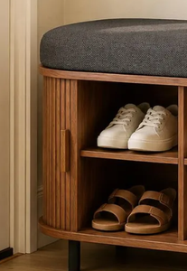 Wholesale Modern Fluted Wood Shoe Cabinet <b>Bench</b> With Cushioned Seat Mudroom Entryway <b>Storage</b> Furniture Maker - Product Image 5