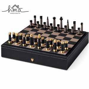 Black And Gold Brass <b>Chess</b> Set With Cylindrical Geometric Pieces Checkered Square <b>Board</b> And Storage Box Decor <b>Game</b> - Product Image 1