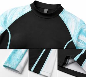 เสื้อแรชการ์ดแขนยาวสำหรับผู้หญิง ขายส่ง สีตามสั่ง สีดำพิมพ์ลายคลื่นสีน้ำเงินขาว แบบซับลิเมชั่น ป้องกันรังสียูวี สำหรับใส่ว่ายน้ำ - Product Image 4