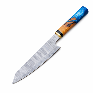 Cuchillo de Cocina Japonés Hecho a Mano con Hoja de Acero de Damasco y Funda de Cuero Premium, Mango de Madera y Resina para Chefs - Product Image 1