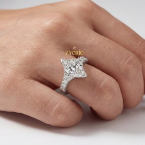Anillo de compromiso de diamante cultivado en laboratorio con corte marquesa, piedras laterales trapezoidales princesa, oro macizo de 14K, VS, moderno, para boda, aniversario, fiesta - Product Image 3