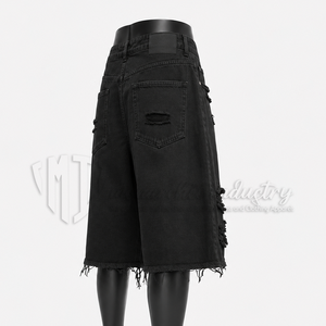 Custom <b>Black</b> Solid Distressed Denim Jorts for <b>Men</b> Baggy Knee Length Front Logo Jeans <b>Shorts</b> OEM ODM Wholesale - Product Image 4