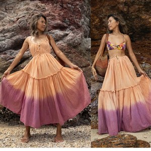 Boho Maxi <b>Dress</b> Women Spaghetti Strap Solid Tie Front A-Line Regular Fit Plain Dyed Natural Eco-Friendly Summer Casual <b>Dress</b> - Product Image 6