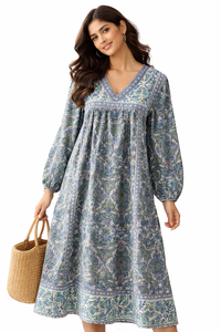 ชุดเดรสผ้าฝ้ายพิมพ์ลายบล็อกคอวี แขนยาวพลิ้วไหว แต่งชายกระโปรง  ชุดลำลองสบายๆ สำหรับผู้หญิง เหมาะสำหรับฤดูร้อน - Product Image 6