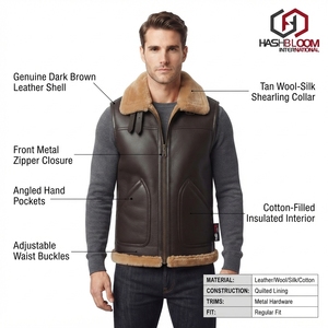 Chaleco de Aviador de Cuero Genuino para Hombre Hashbloom con Forro de Piel, Cierre de Cremallera Resistente al Viento, Ropa de Abrigo Otoño/Invierno, Estilo Motero - Product Image 5