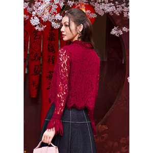 Blusa Roja de Encaje para Mujer con Cuello Peter Pan, Manga Trompeta, Volantes, Capa Transparente, Elegante, Casual, Corta, Transpirable, SUNE - Product Image 4