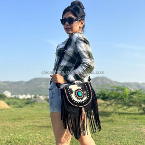 Nuevo estilo occidental pelo en piel de ante con flecos bolso de hombro de cuero bohemio de alta calidad para mujer con piedra turquesa - Product Image 3