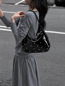 Glossy Black Stone Pattern Fashion Rivet PU Leather Shoulder <b>Bag</b> with Water Resistant Zipper for Outdoor Shopping & Daily Travel - Product Image 5