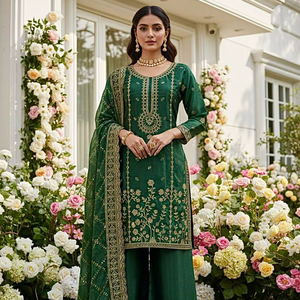 ชุดคุर्ติปักลายสีเขียวพร้อมกางเกงปาลาซโซและผ้าคลุมไหล่สำหรับผู้หญิง – ชุดงานแต่งงานและงานเฉลิมฉลองสไตล์ดีไซเนอร์ พร้อมงานปักดิ้นทอง - Product Image 1