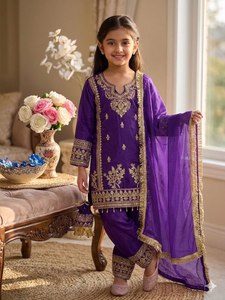 Salwar Kameez pakistanais pour enfants, filles, violet, vert, bleu, tenue de mariage Eid, costume brodé 3 pièces avec dupatta - Product Image 2