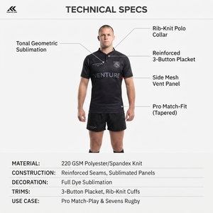 Maillot de rugby personnalisé pour homme, 220 g/m², en poly-spandex, coupe ajustée professionnelle, manches courtes affinées, col noir, uniforme d'équipe sublimé, OEM - Product Image 5