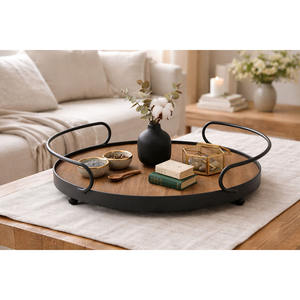 Bandeja de Servir Redonda de Metal y Madera de un Solo Nivel para Sala de Estar y Escritorio - Product Image 4