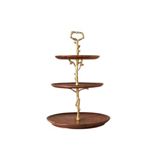 Support à gâteau en bois à 2 niveaux avec plateau en métal blanc et incrustations rayées, présentoir rond pour cupcakes et desserts pour mariage - Product Image 5