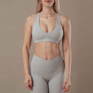 Women Solid Deep V Neck Racerback Sports Bra Medium Support Yoga Fitness Seamless Breathable Quick Dry Sweat Wicking - Product Image 4