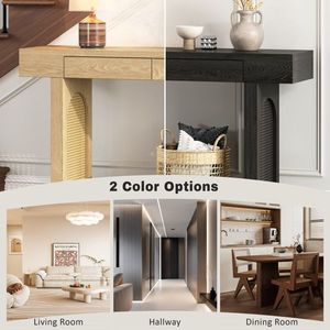 Console étroite avec accents en rotin, miroir et tiroirs de rangement pour entrée, table de canapé rustique élégante avec finition en bois naturel - Product Image 2