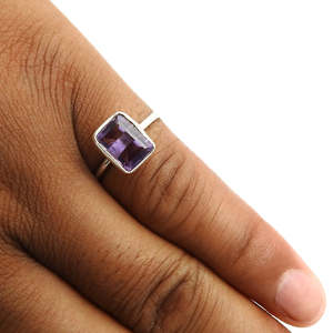 Royal Bloom Genuine Amethyst Emerald Cut Stacking <b>Ring</b> IGI Certified <b>925</b> Sterling <b>Silver</b> Mystic Purple Spark Shine Elegant <b>Ring</b> - Product Image 3