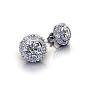Platinum Micro Pave Set Double <b>Halo</b> Round Cut Lab Grown Diamond Stud <b>Earrings</b> - Product Image 2
