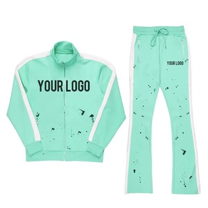 Custom Paint <b>Black</b> Flared Men Tracksuit Streetwear Women Stacked <b>Pants</b> 2 Piece Sets Sweatsuit Set With Pockets - Product Image 2